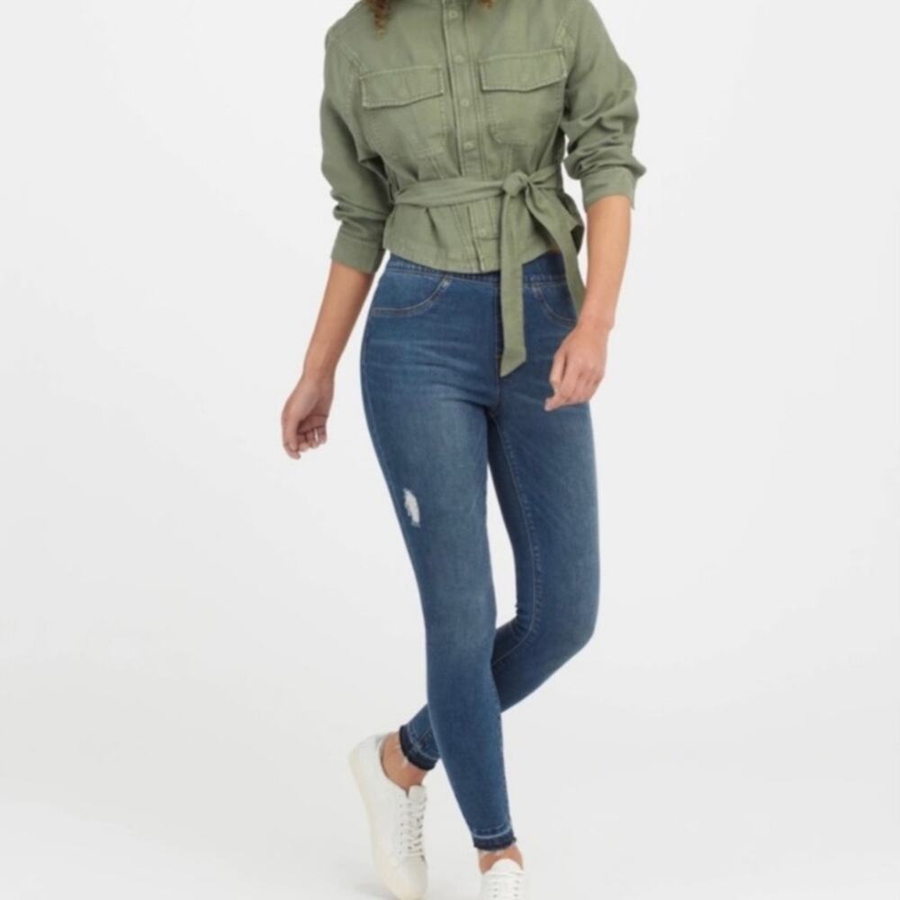 SPANX | Distressed High Rise Medium Wash Skinny Raw Hem Jeans